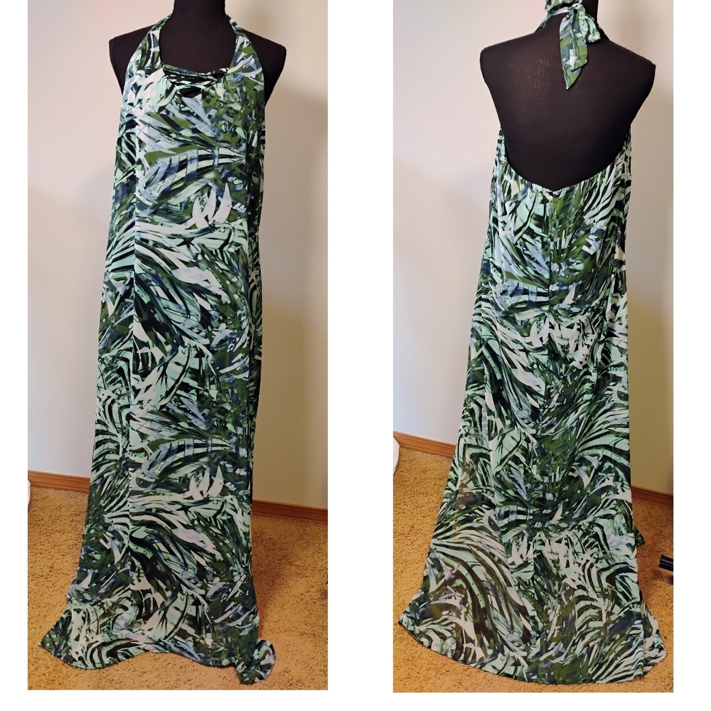 Jennifer Lopez Green Leaf Print Backless Dress